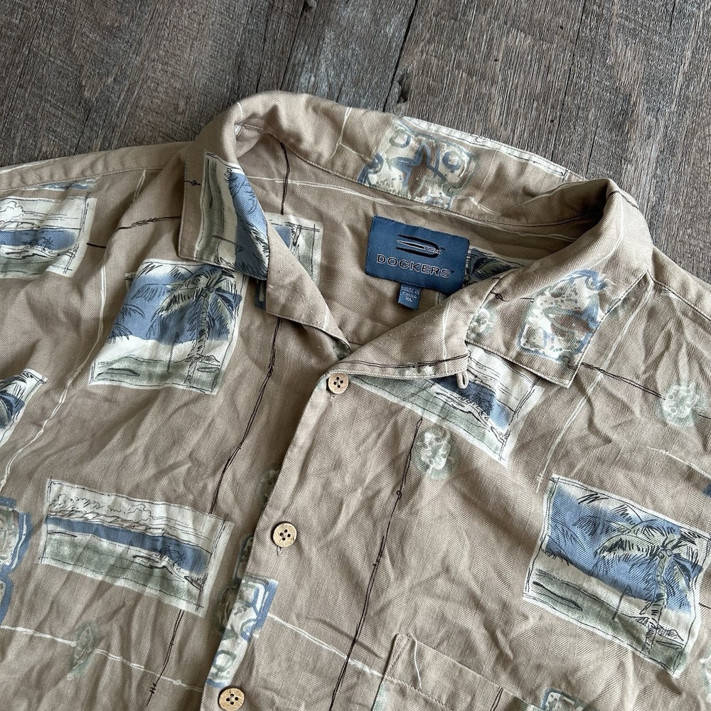 Vintage Dockers Tour Camp Shirt Loop Collar Tropical Palm Print Mens XL
